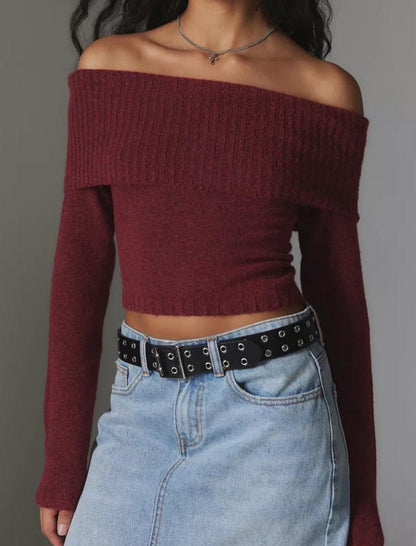 Off-Shoulder Knit Top with Long Sleeves