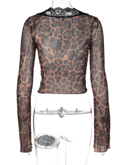 Sheer Leopard Lace Trim Long Sleeve Top