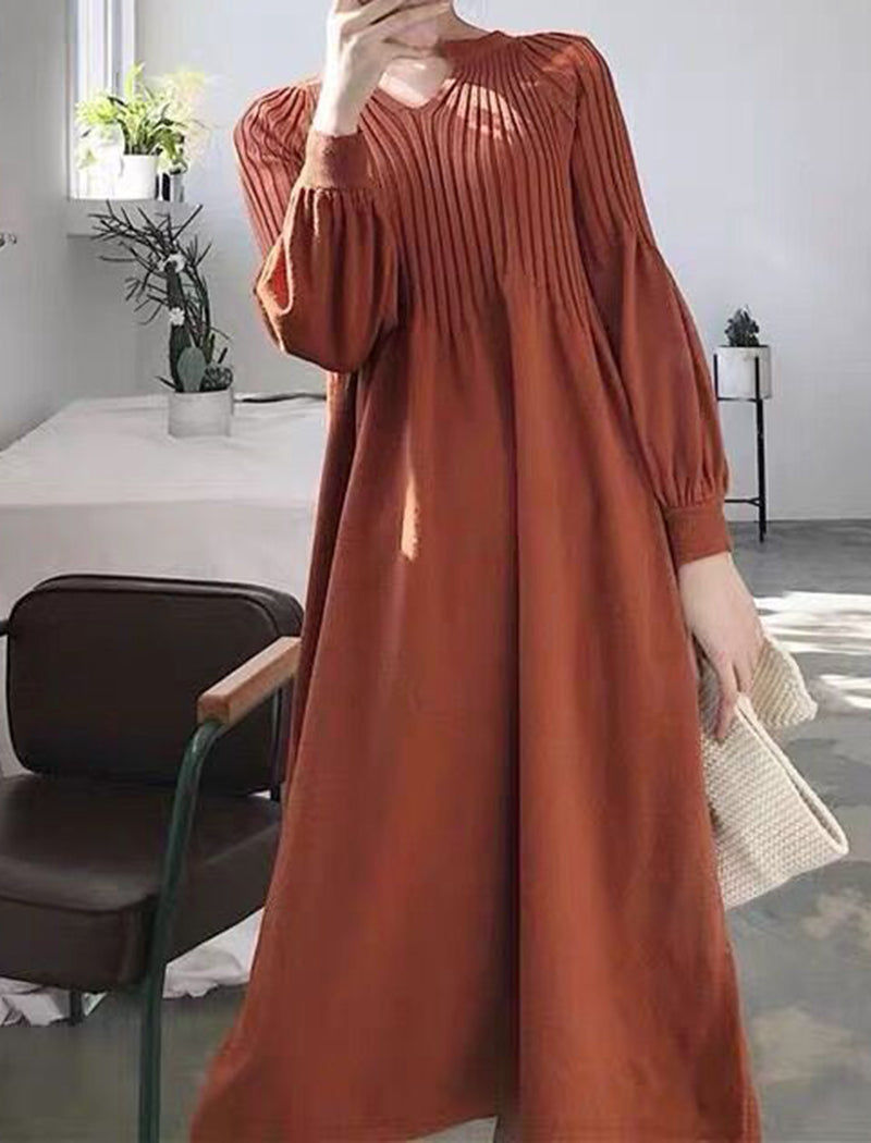 Ribbed V-Neck Long-Sleeve Dress