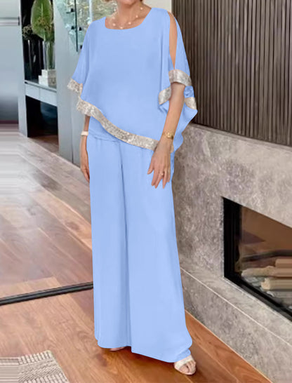 Sequin Color-Block Batwing Sweater and Wide-Leg Pants Set