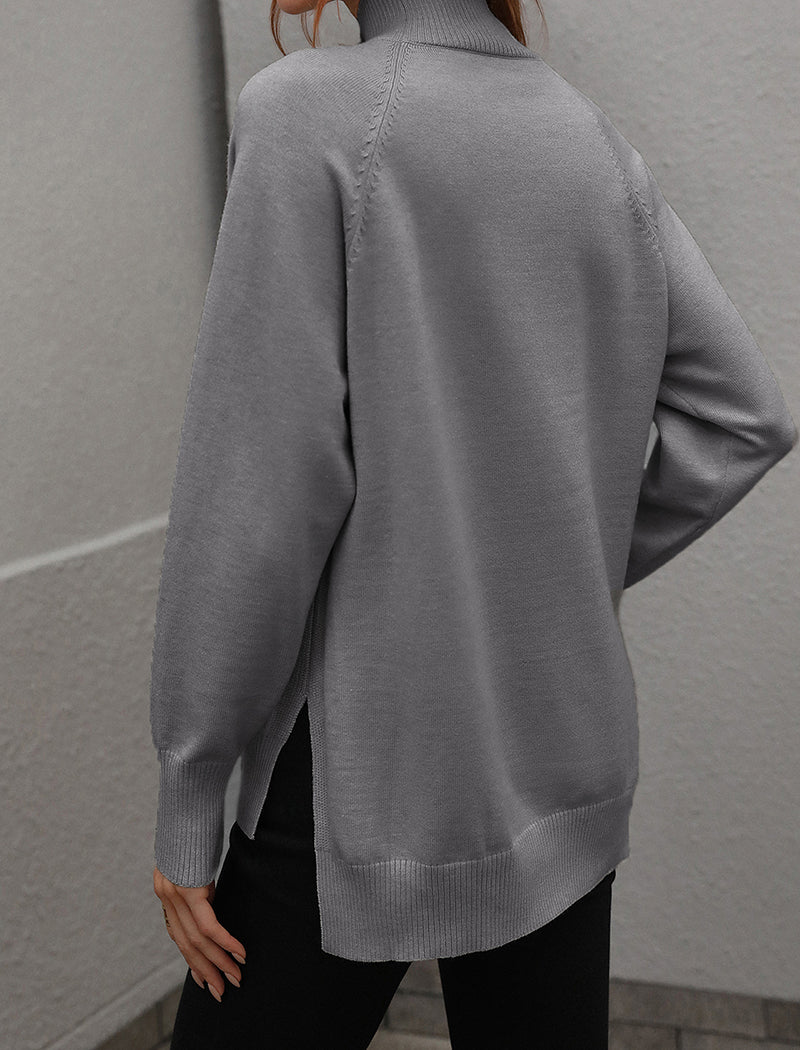 Solid High-Neck Knit Sweater with Side Slits