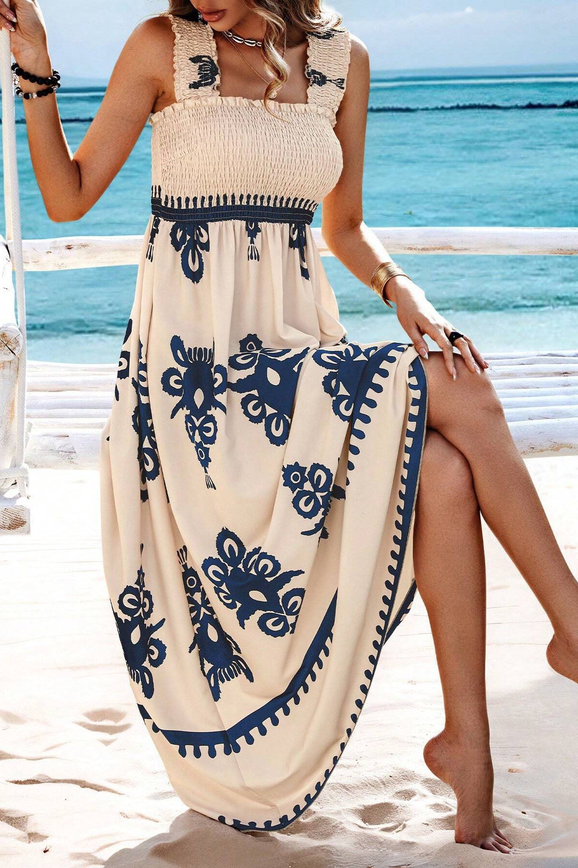 Boho Print Smocked Maxi Dress