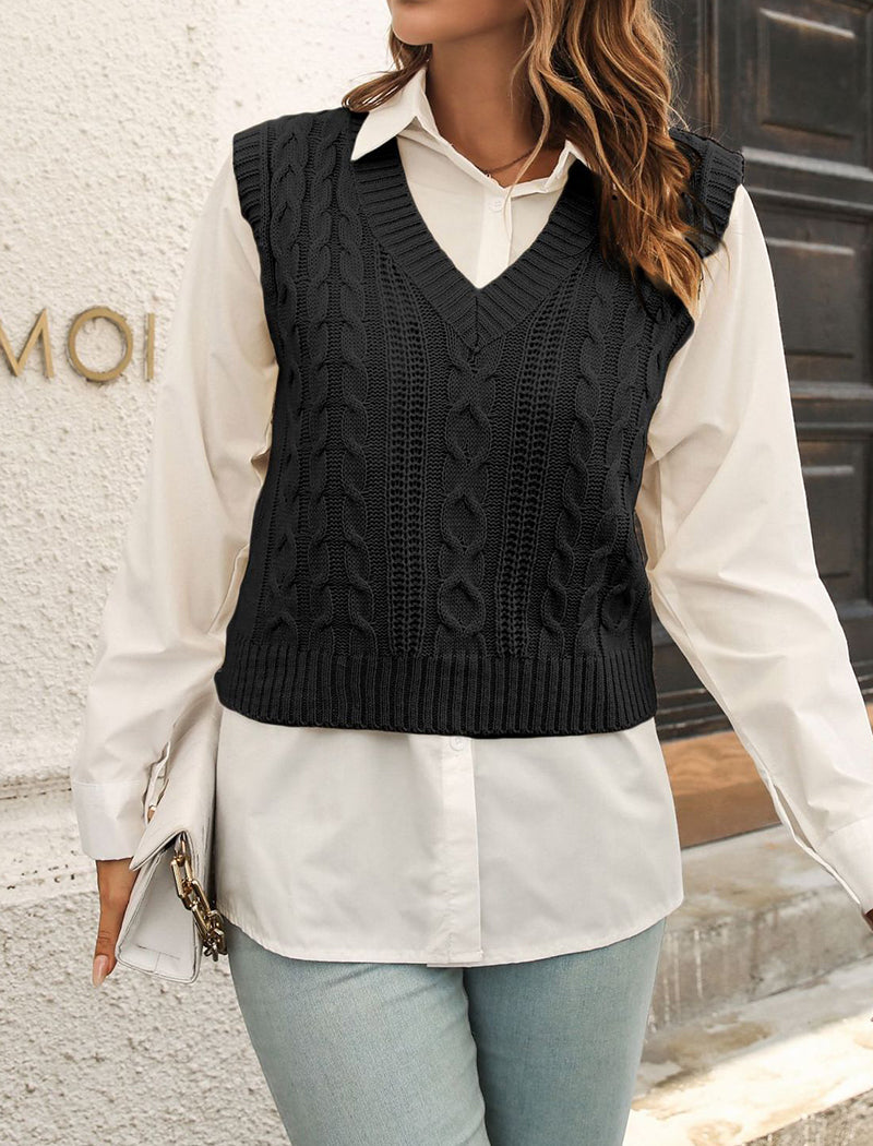 Cropped Cable Knit V-Neck Sweater Vest