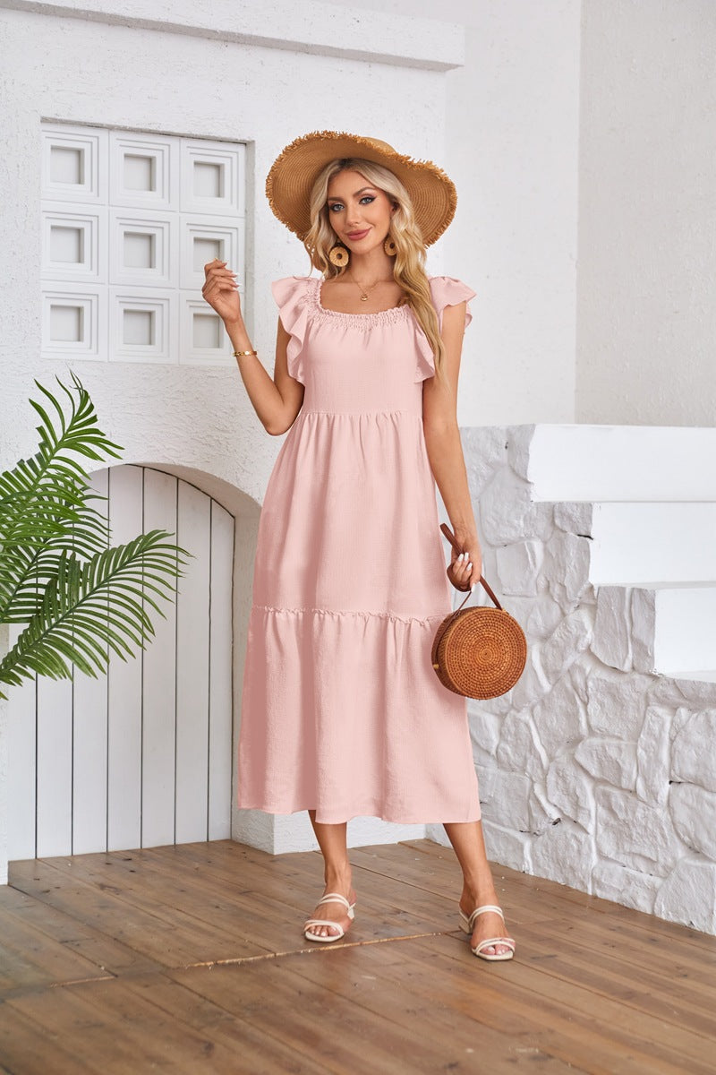 Solid Ruffle Sleeve Midi Dress