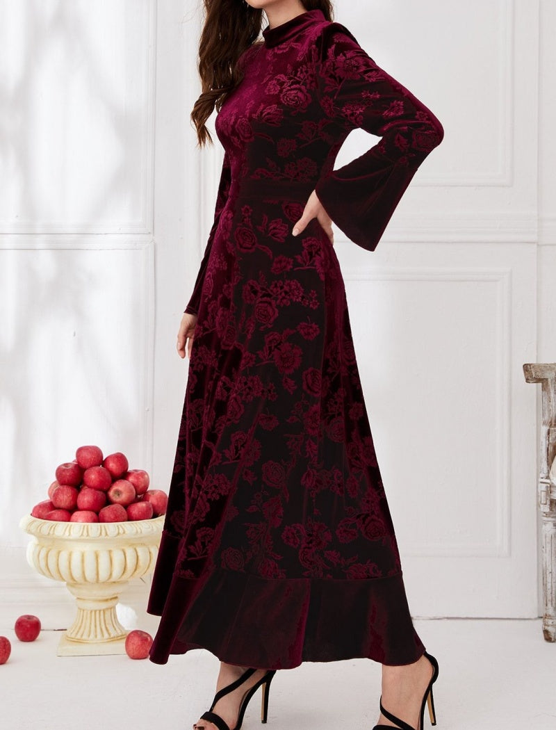 Velvet Maxi Dress with Floral Detailing