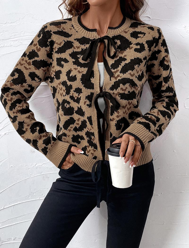 Leopard Print Bow Tie Cardigan