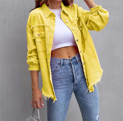 Solid Ripped Long Sleeve Denim Jacket