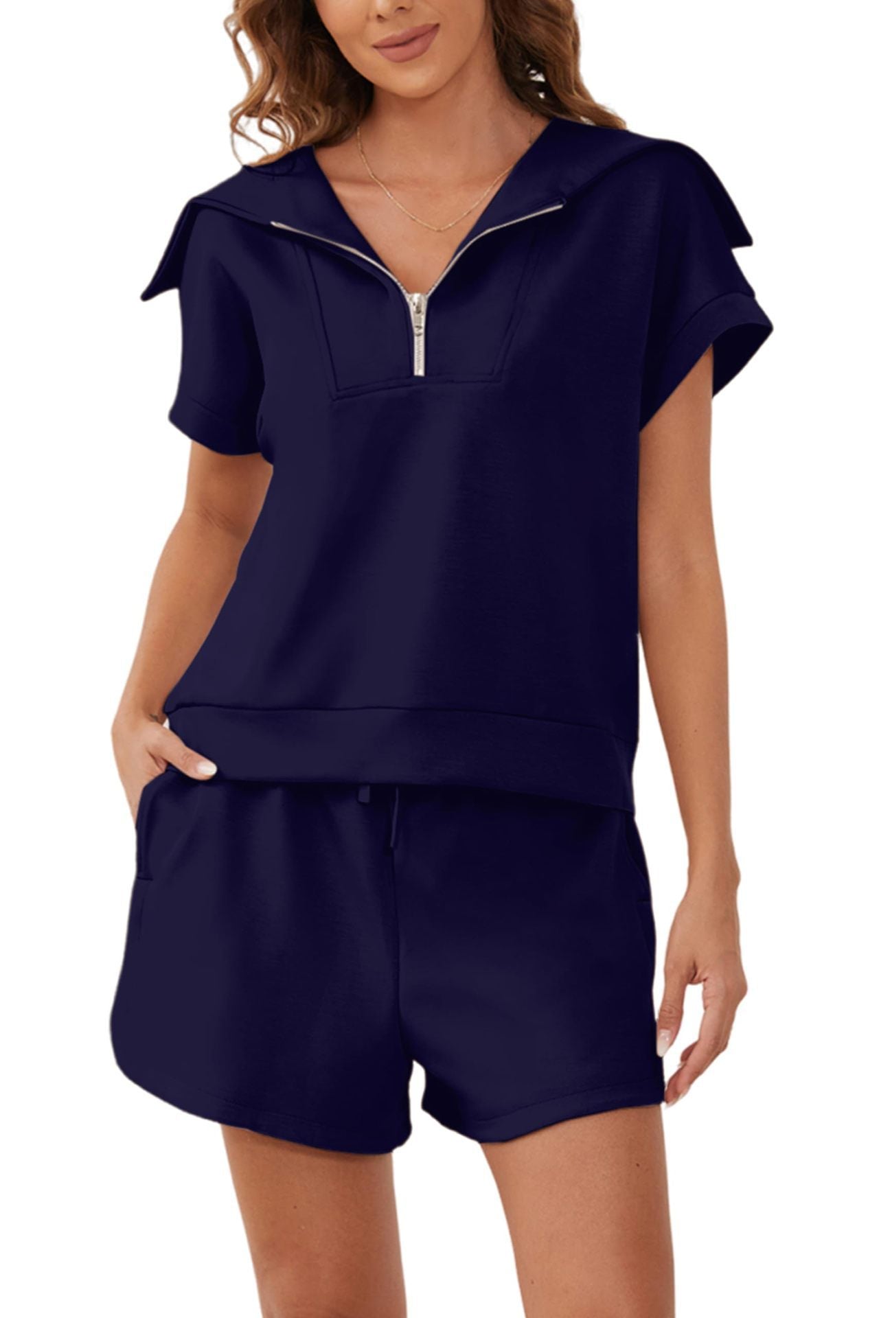 Zip-Up Collar Top and Shorts Set