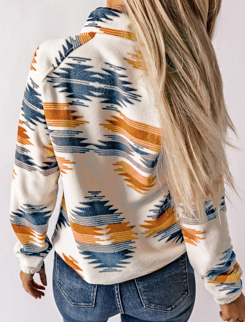 Aztec Print Button-Up Fleece Jacket