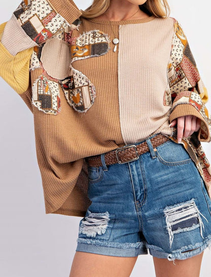 Patchwork Oversized Waffle Knit Top