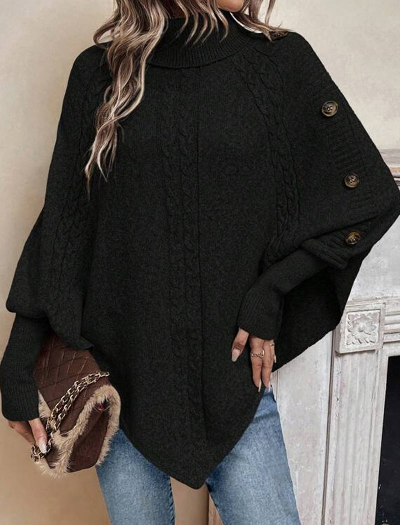 Cable Knit Button-Accent Poncho Sweater