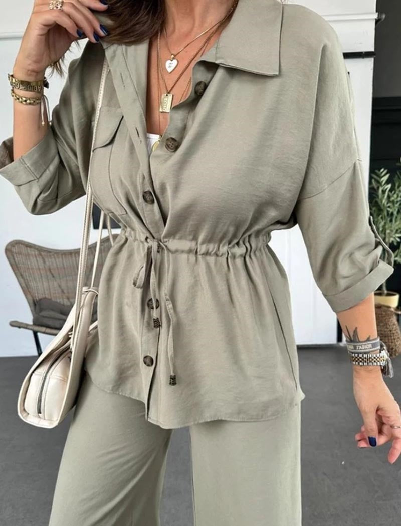 Loose Casual Drawstring Pocket Button Set