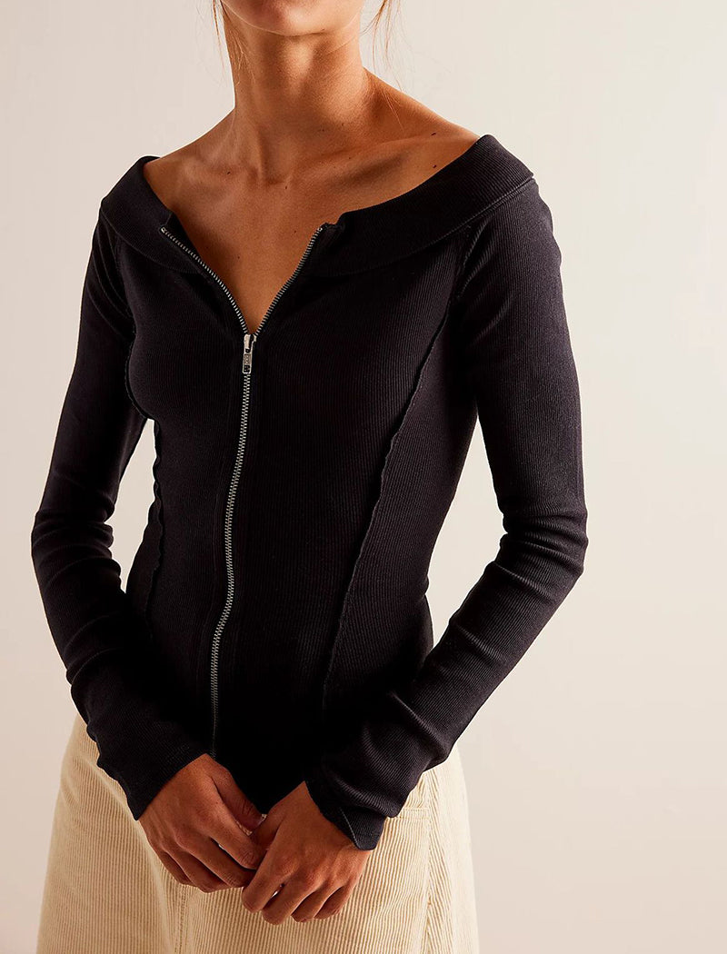 Off-Shoulder Zip-Front Long Sleeve Top