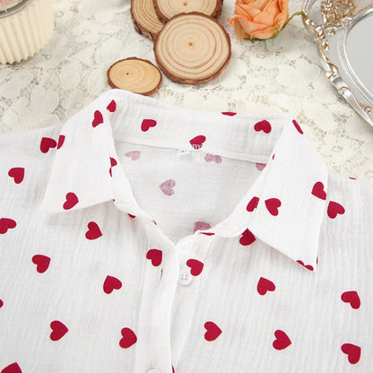 Heart Print Pajama Set with Feather Trim
