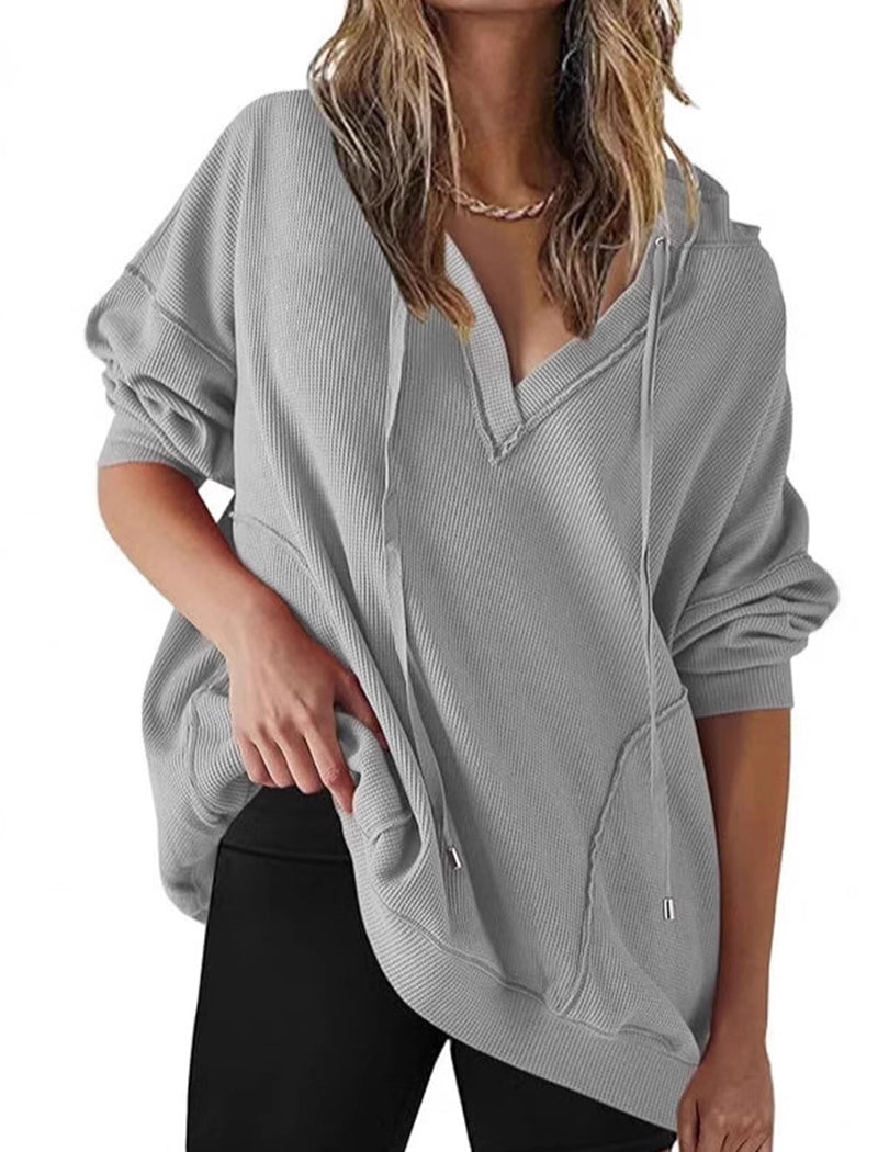 V-Neck Waffle Knit Solid Long Sleeve Hoodie