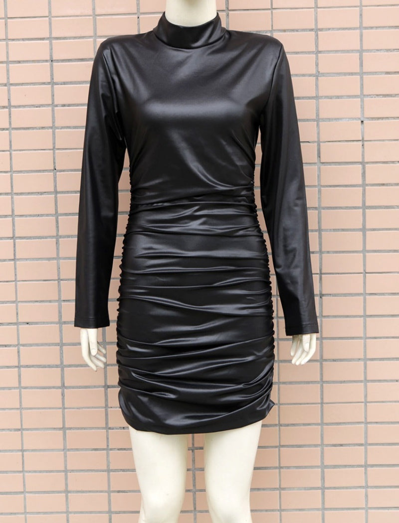 High-Neck Faux Leather Mini Dress