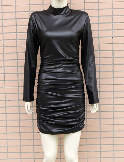 High-Neck Faux Leather Mini Dress