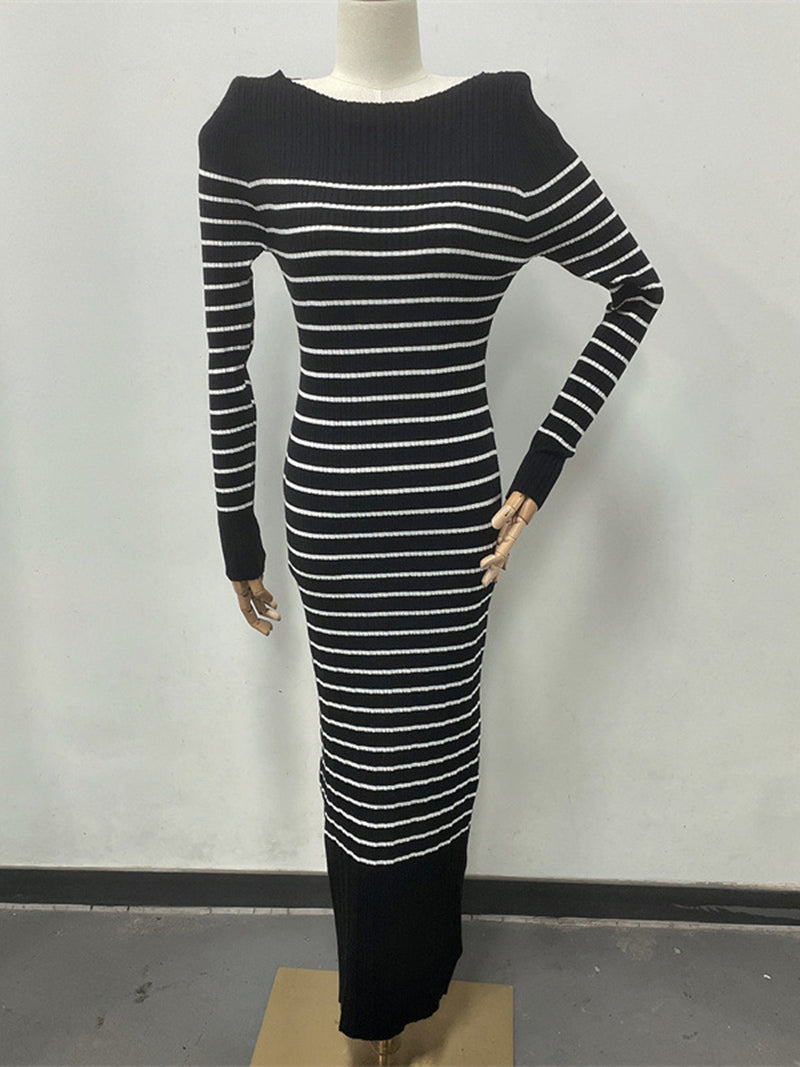 Striped Split-Hem Knit Dress