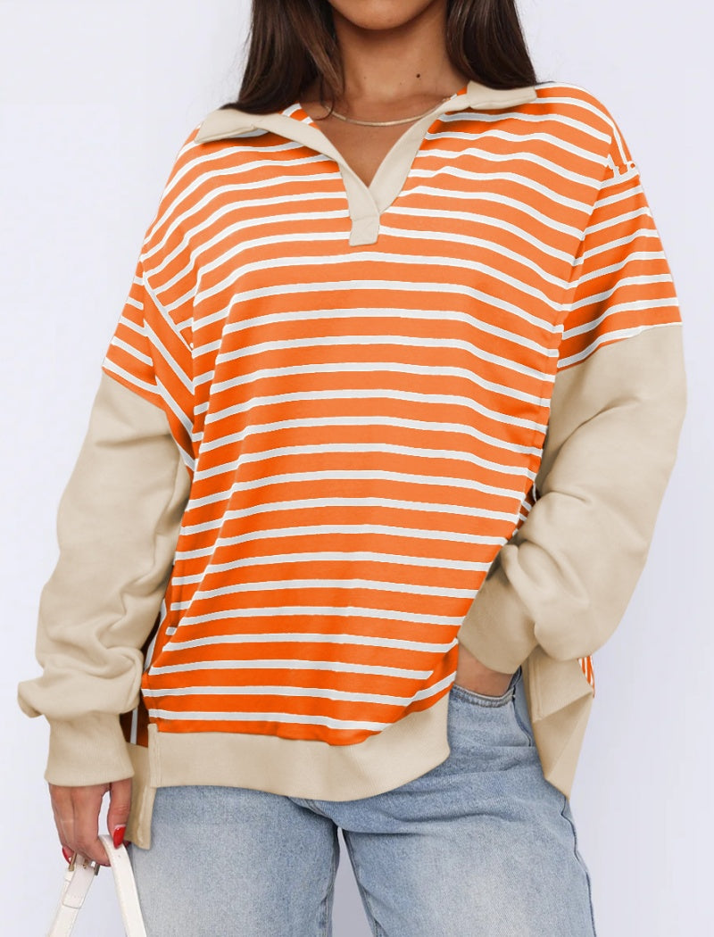 Striped Oversized Pullover with V-Neck