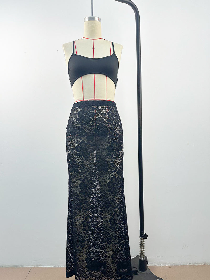 Sheer Lace Crop Top and Maxi Skirt Set