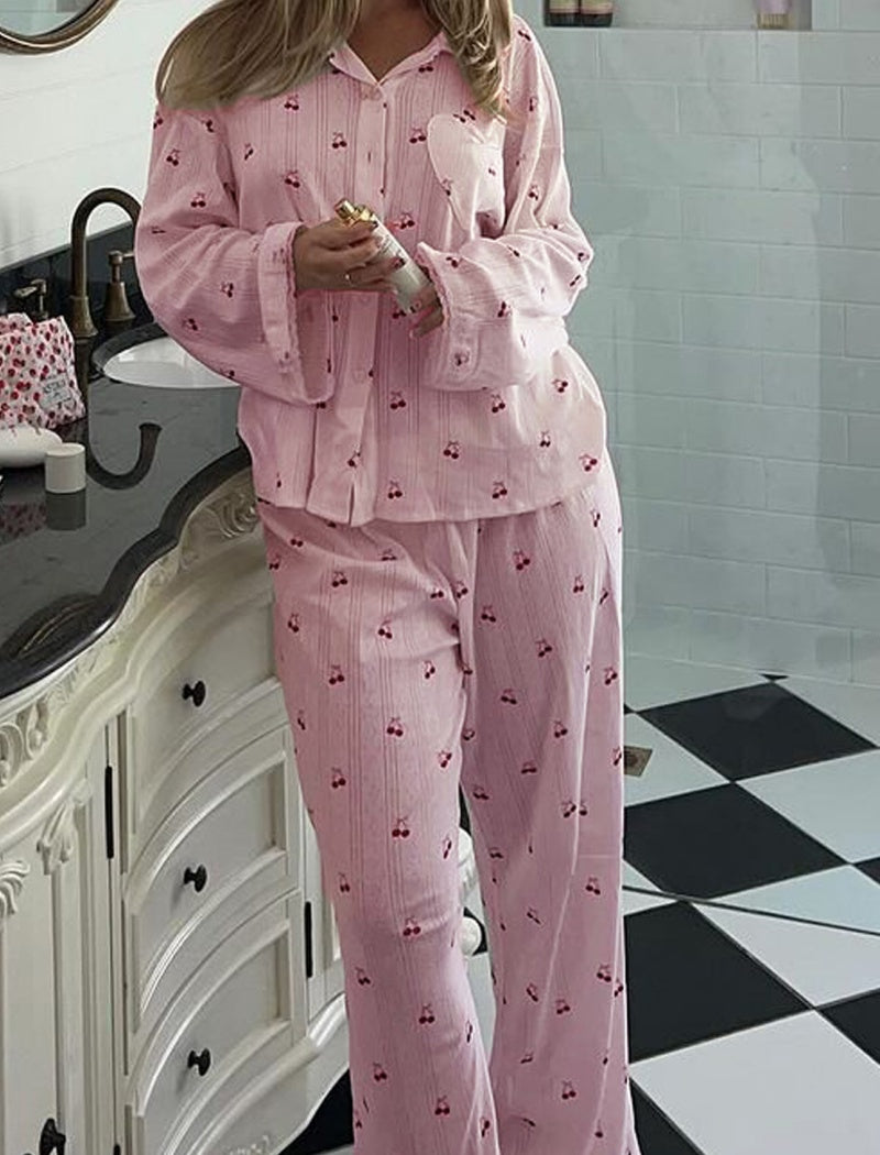 Cherry Print Button-Front Pajama Set