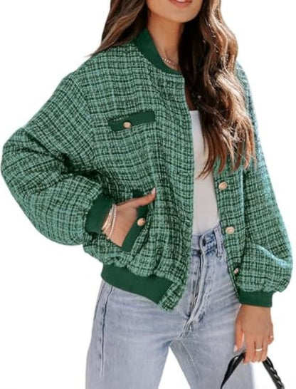 Plaid Bomber Jacket with Pockets