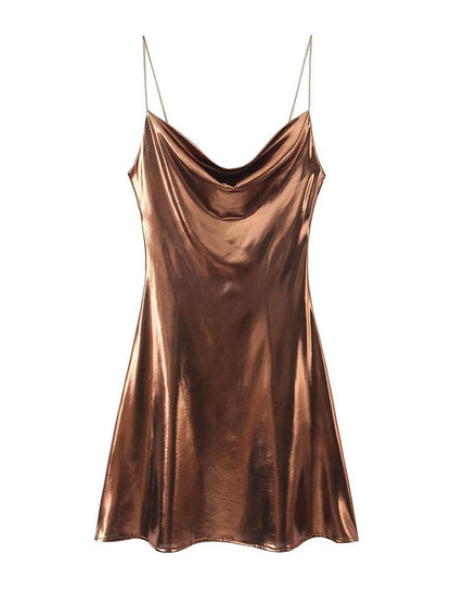 Shiny Cowl Neck Mini Dresses