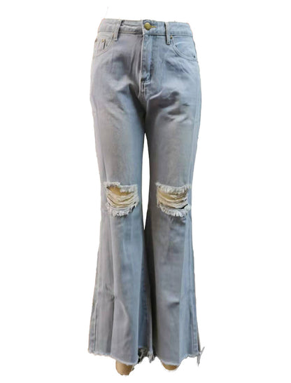 Distressed Wide-Leg Flared Denim Pants