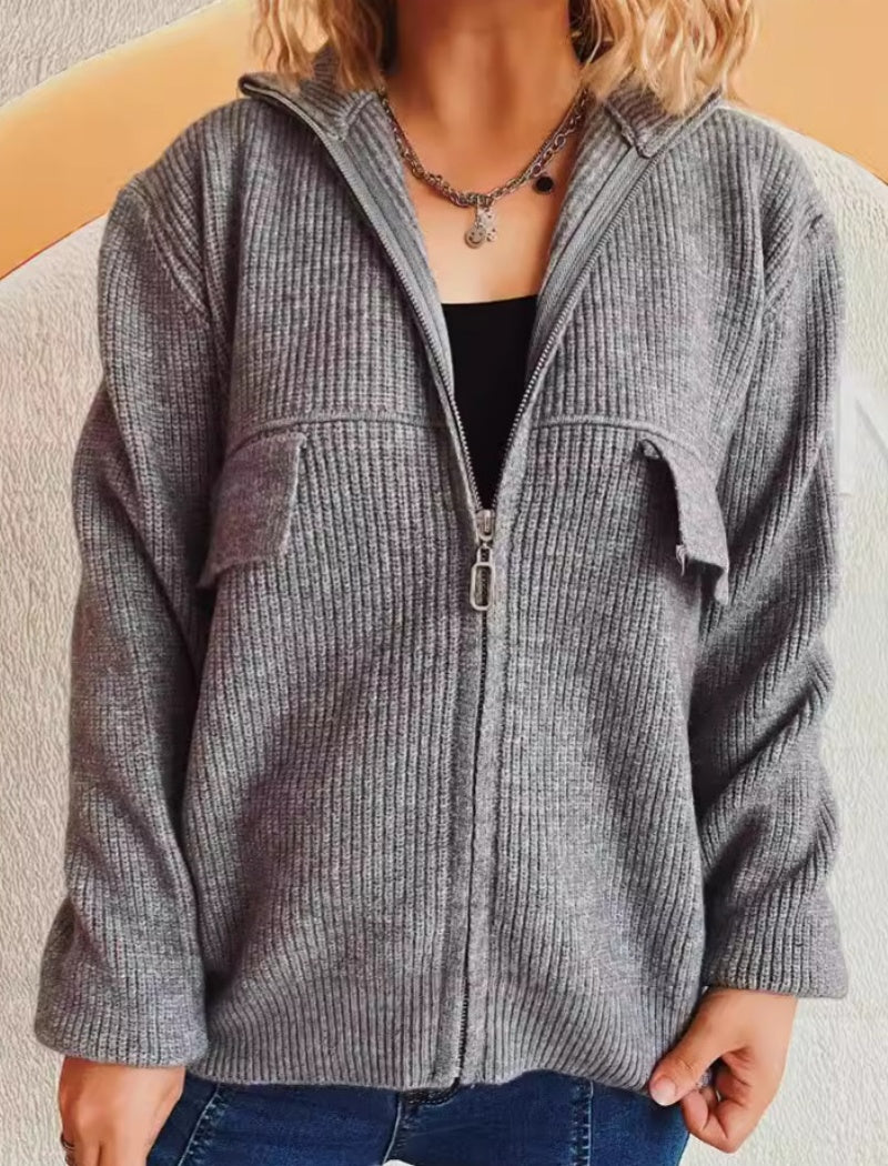 Zip-Up Knit Cardigan with Pockets