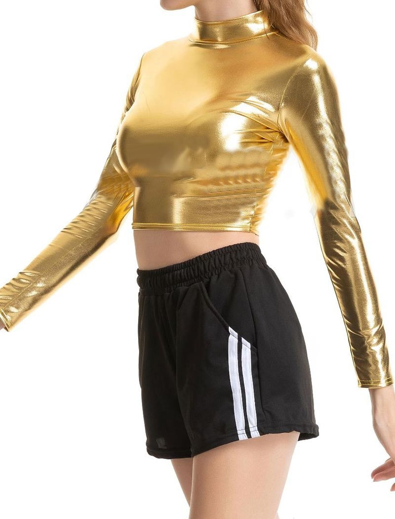 Shiny Mock Neck Long Sleeve Crop Top