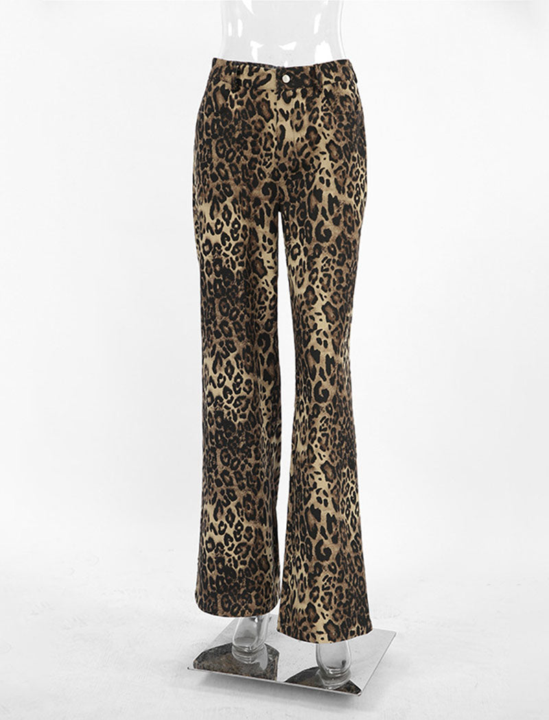 Leopard Print Flared Wide-Leg Pants