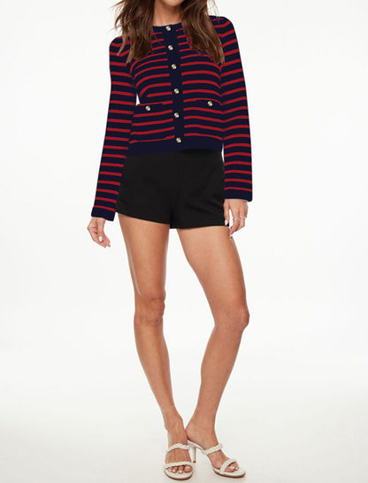Striped Button-Up Cropped Cardigan