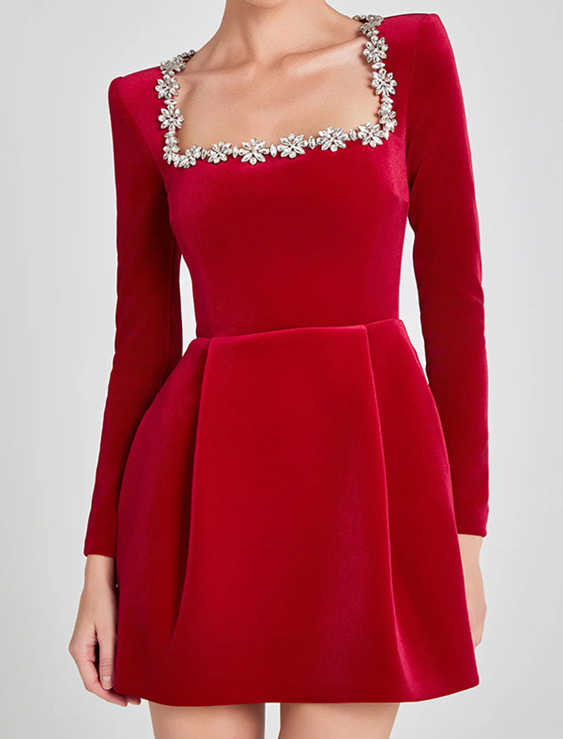 Square Neck Rhinestone-Trimmed Velvet Dress