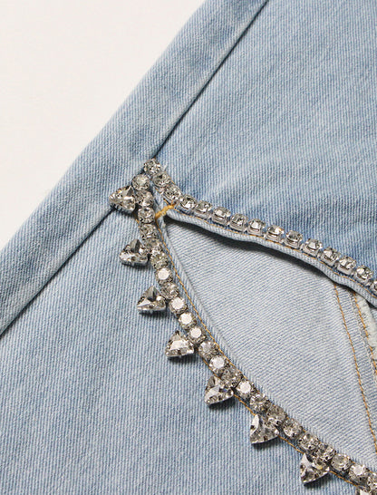 Cutout Rhinestone Straight-Leg Jeans