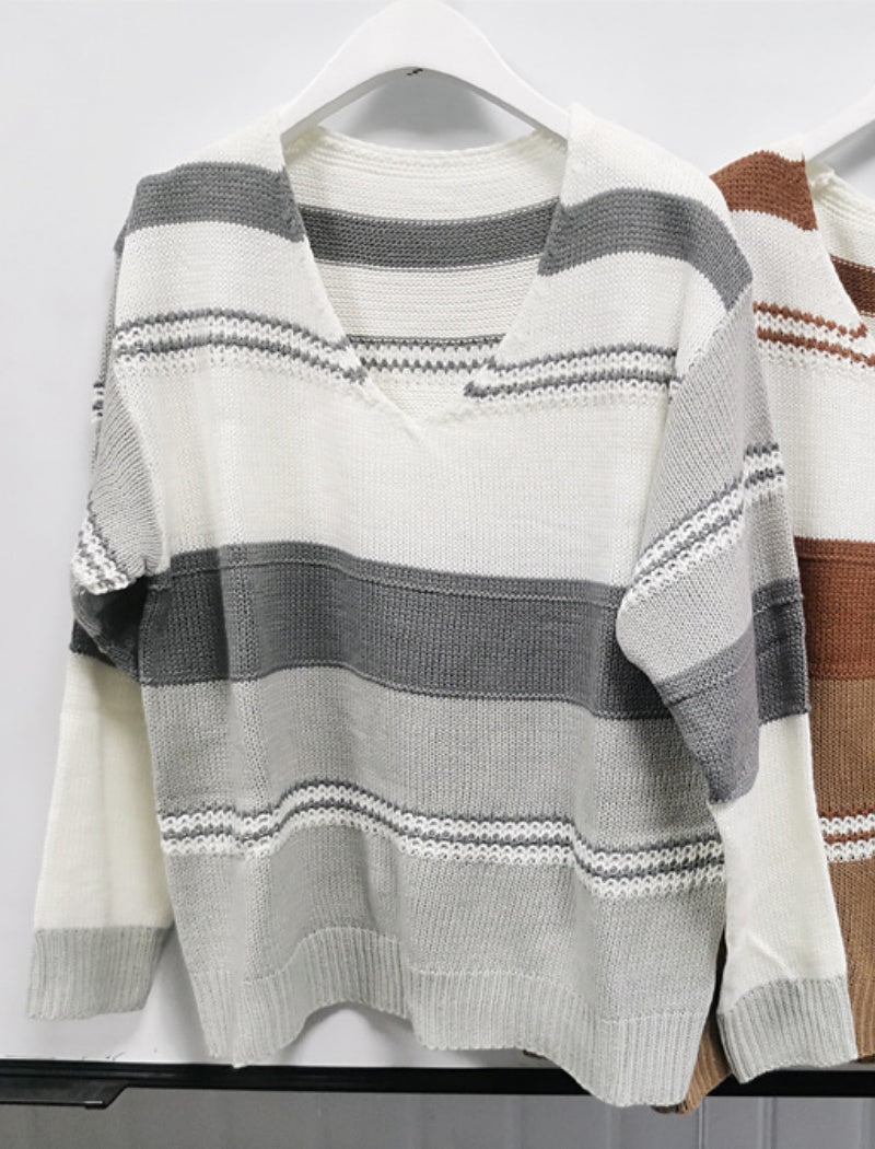 V-Neck Striped Knit Pullover Sweater