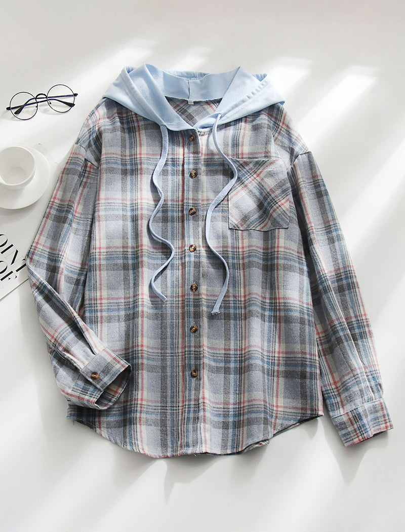 Hooded Plaid Button-Up Shirt