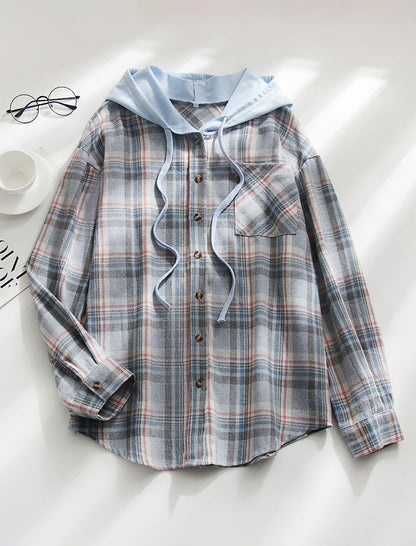 Hooded Plaid Button-Up Shirt