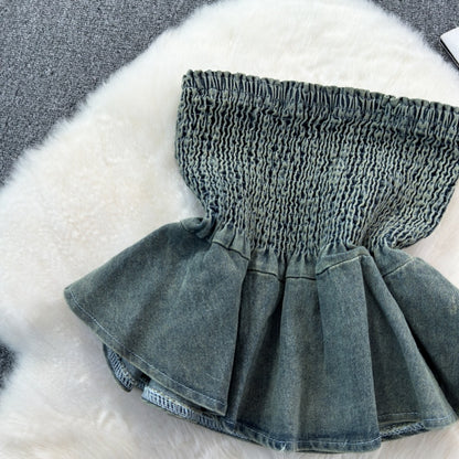 Smocked Denim Tube Top with Peplum Hem
