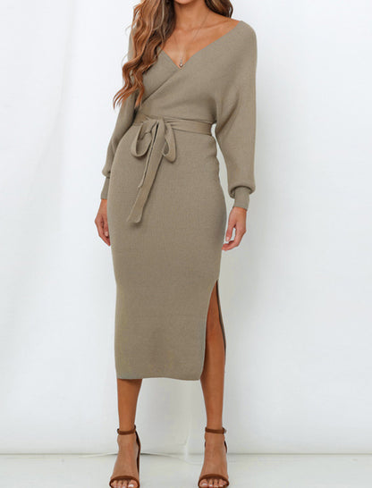 Cross-Front Belted Bodycon Midi Dress