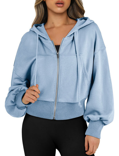 Cropped Zip-Up Hoodie with Elastic Cuffs