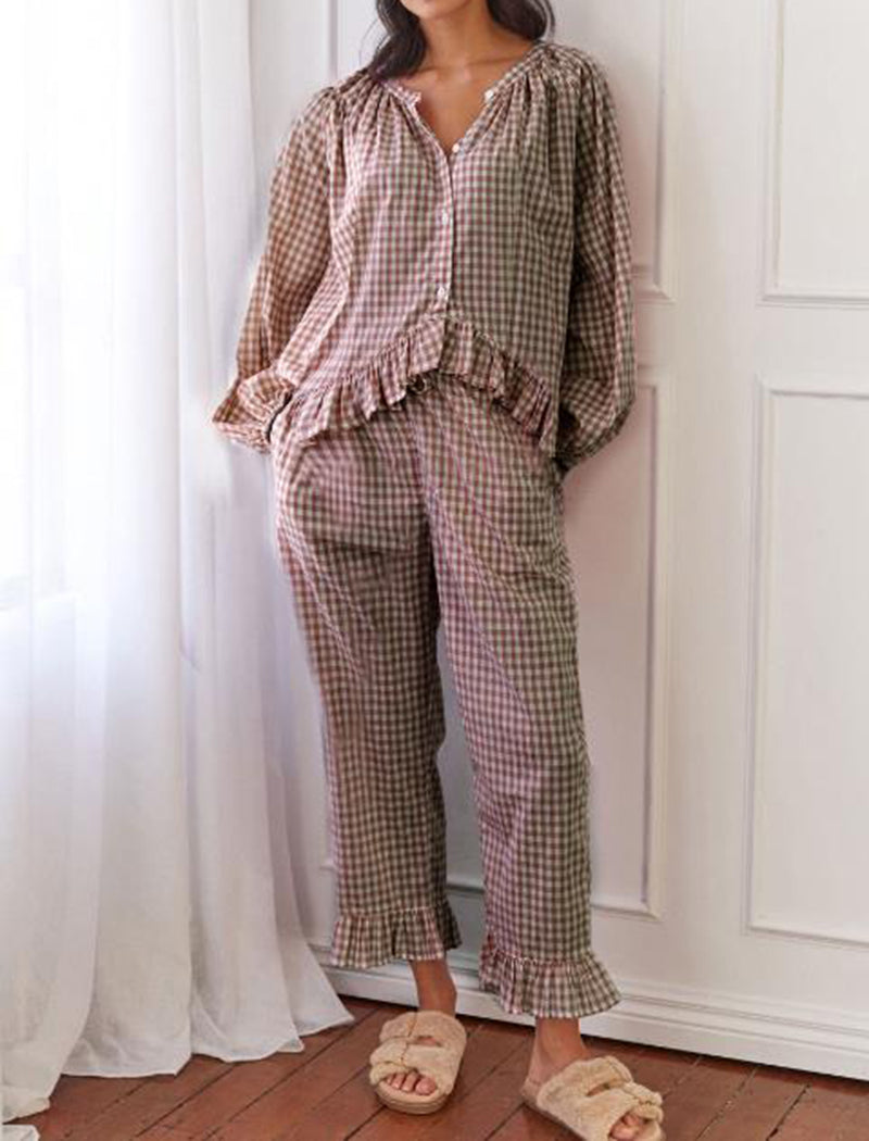 Ruffle Buttoned Long Sleeve Top and Pants Set