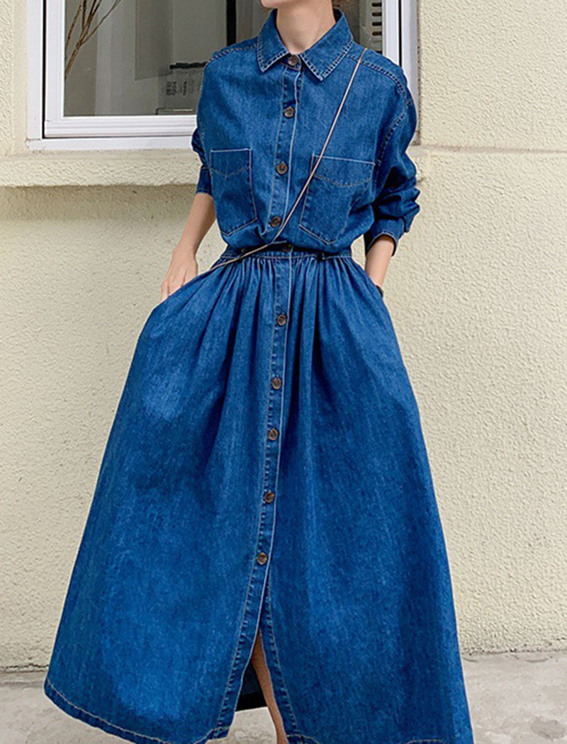 Long Button-Up Denim Dress