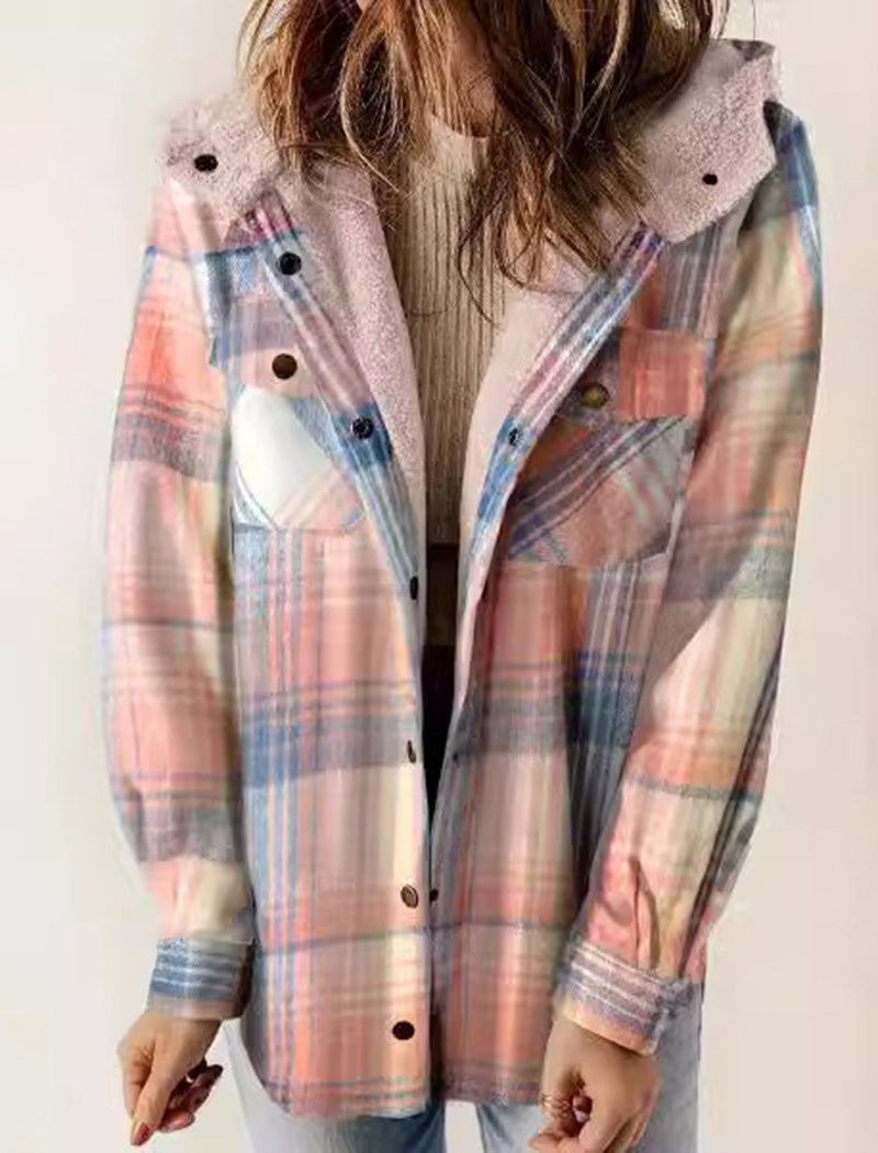 Hooded Plaid Shacket with Pocket Detail