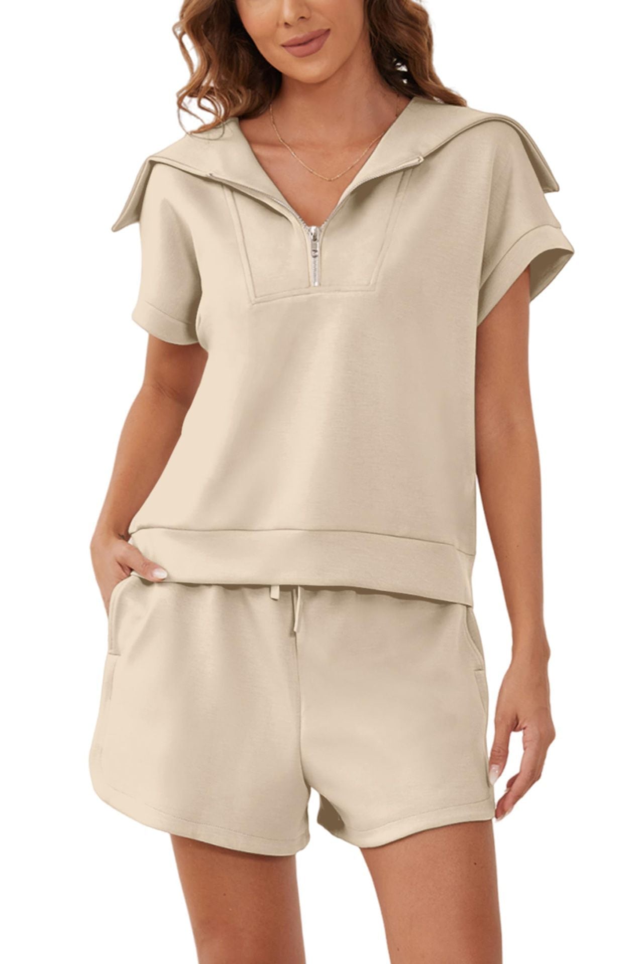 Zip-Up Collar Top and Shorts Set