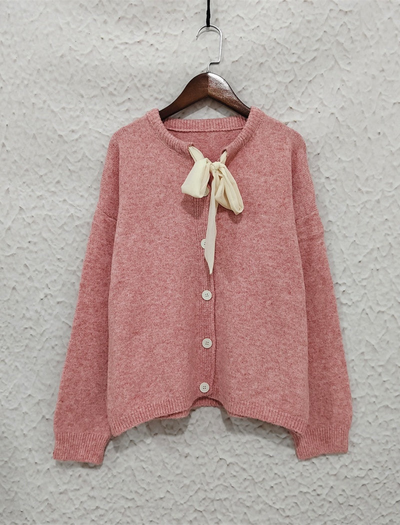 Button-Up Cardigan with Bow Detail