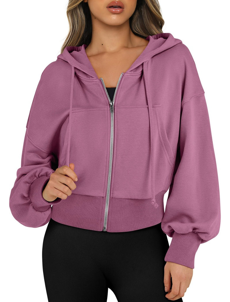 Cropped Zip-Up Hoodie with Elastic Cuffs