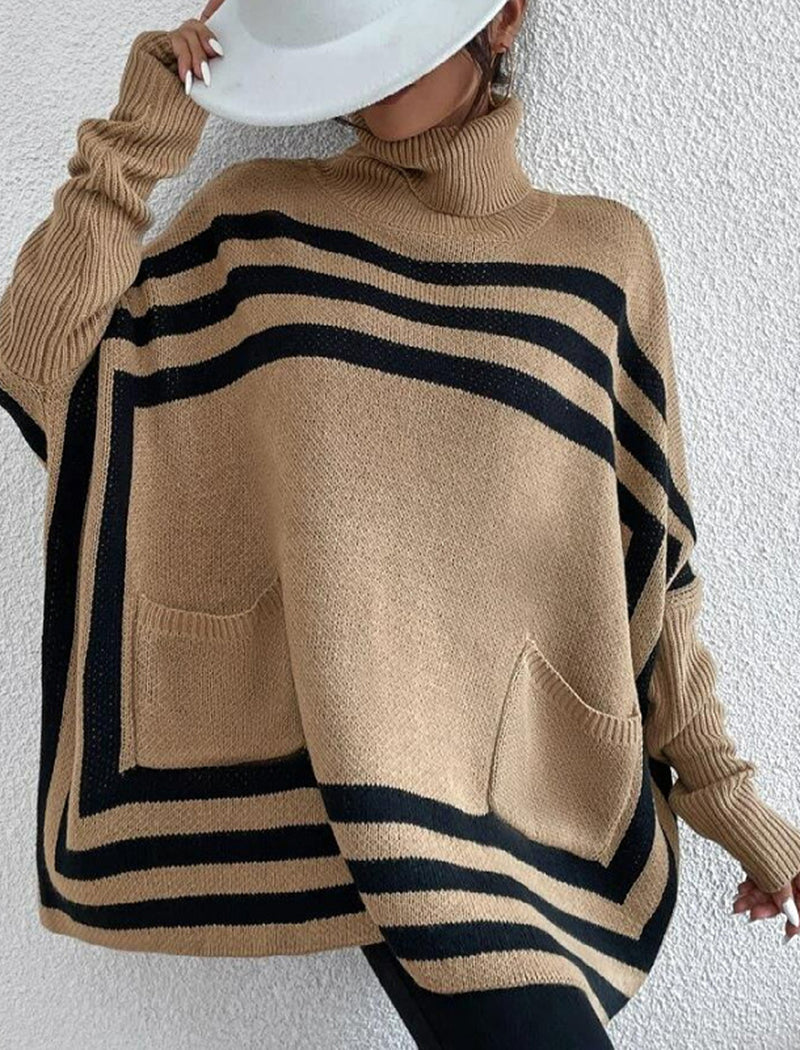 High Neck Striped Batwing Sleeve Sweater