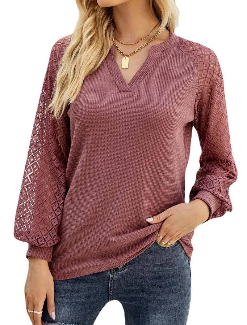 Waffle Knit Lace Patchwork V-Neck Top