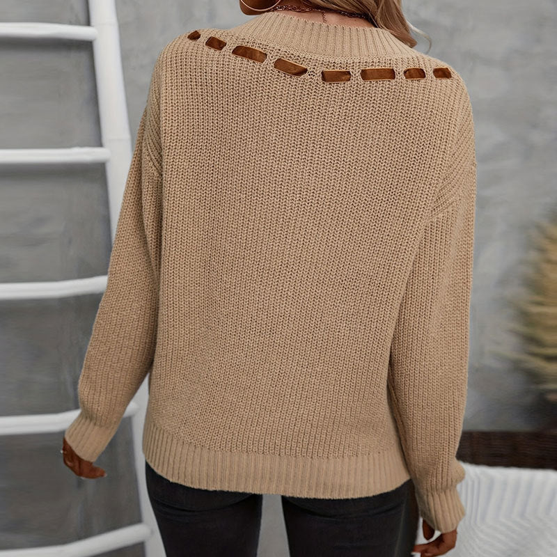 Lace-Up Knit V-Neck Sweater