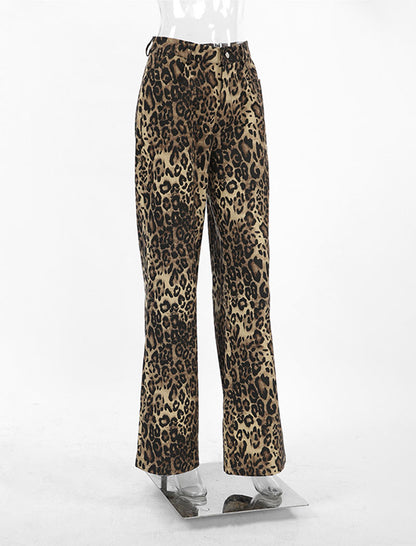 Leopard Print Flared Wide-Leg Pants